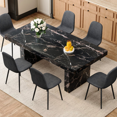 Table luxueuse avec plateau de table en marbre noir épais de 3,5 pouces et 6 chaises gris foncé de style uni, convenant à une utilisation en conférence Décoration d'intérieur sophistiquée de 78,7 po x 39,4 po x 29,9 po