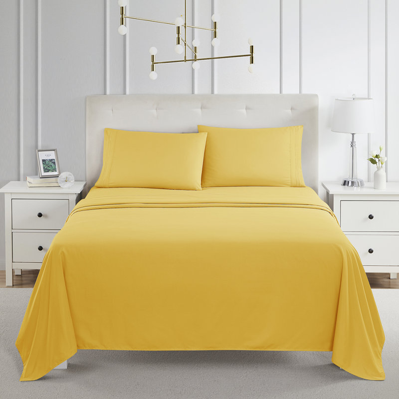  Ensemble de draps double brossé de luxe pour hôtel avec draps et taies d'oreiller très doux, Jaune, Grand