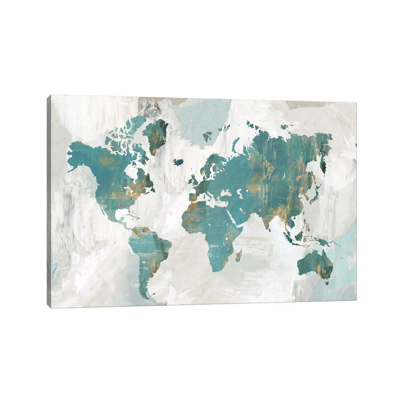 Carte du monde bleu sarcelle par Pamela Collabera - peinture sur toile tendue, H 8 po x l 12 po x P 0,75 po
