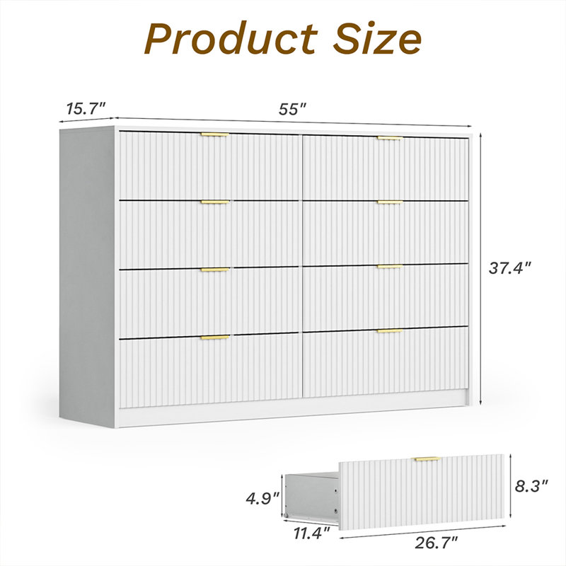 8-Drawer Double Dresser 55" W - Bedroom Storage