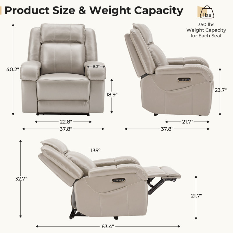 Zero zero clearence recliner  Power Recliner With Dual Motor Adjustable Headrest, Scratch-Resistant Faux Leather, USB Charging, Beige