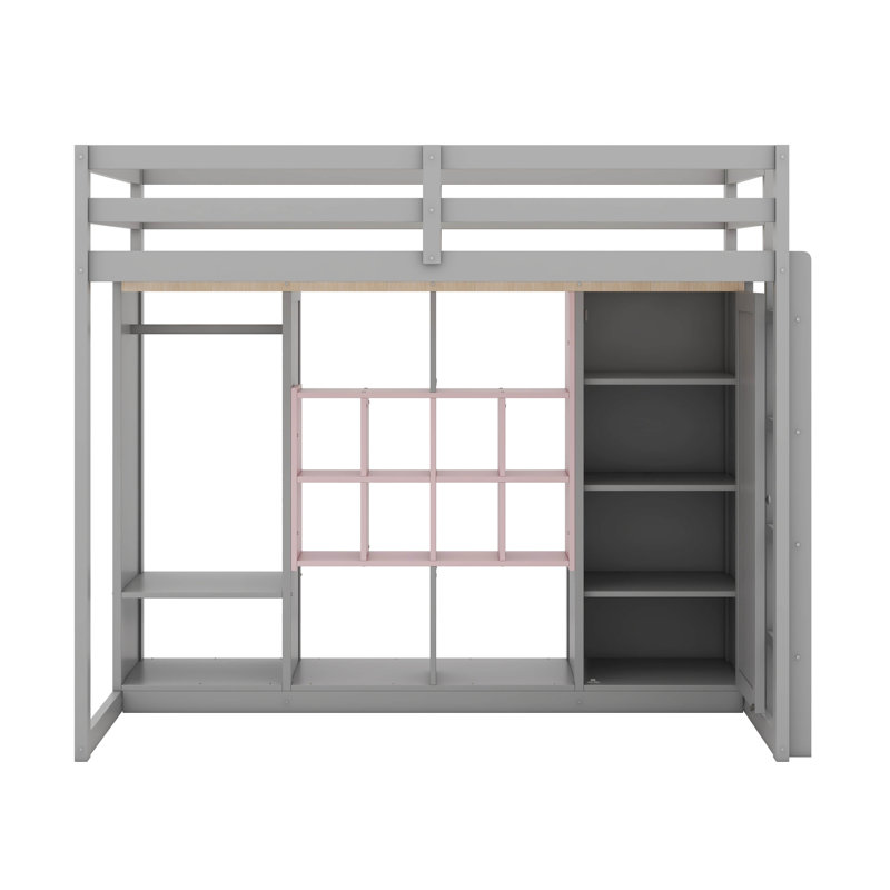 Wood Loft Bed With Wardrobe, Storage Shelves And Cabinet, Gray/Pink, Twin