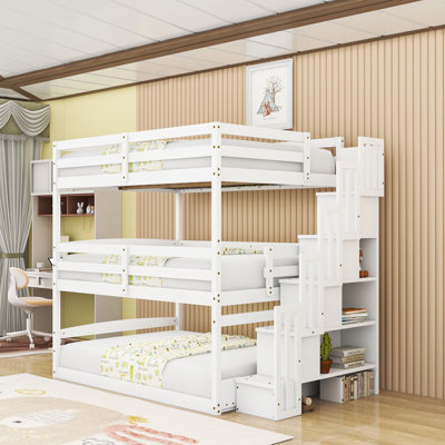 Full Over Full Over Full Triple Bunk Bed With Safety Guardrails And Storage Staircase
