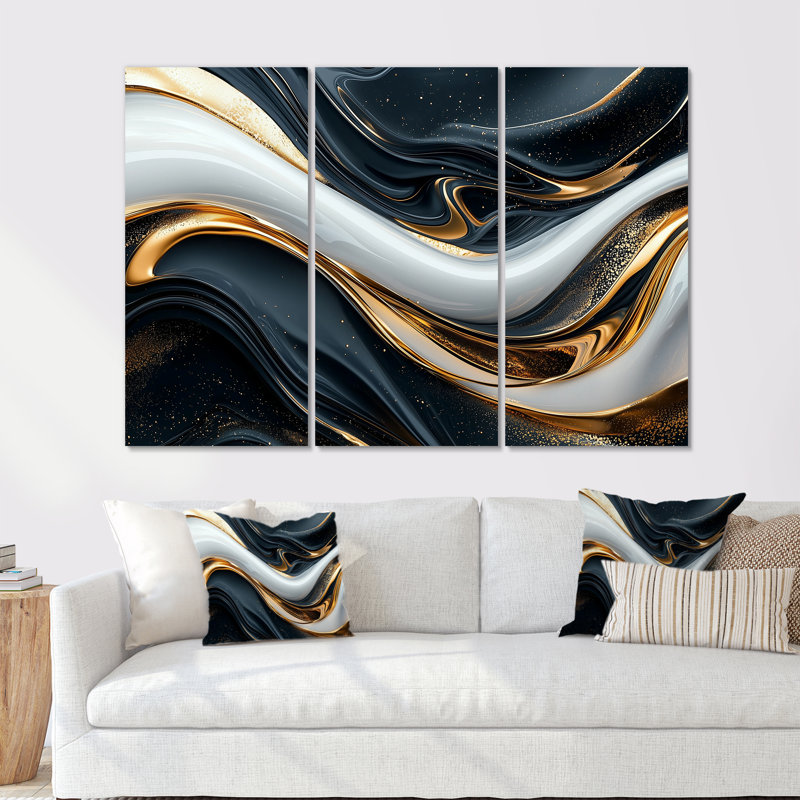 Captivating Gold and Black Marble II - Ensemble de décorations murales vagues abstraites modernes, Métal métal