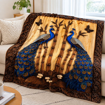 Plaid en flanelle à motif bambou et paon - Design élégant, couleurs vives, léger, respirant, confort toutes saisons, doux pour la peau, élément décoratif pour canapé, fauteuil, salon et chambre