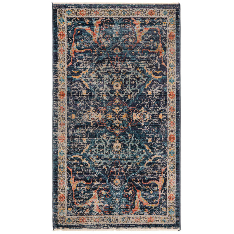 Tapis bleu marine à motif floral Alkire, Rectangle 2 pi 11 po x 5 pi 3 po