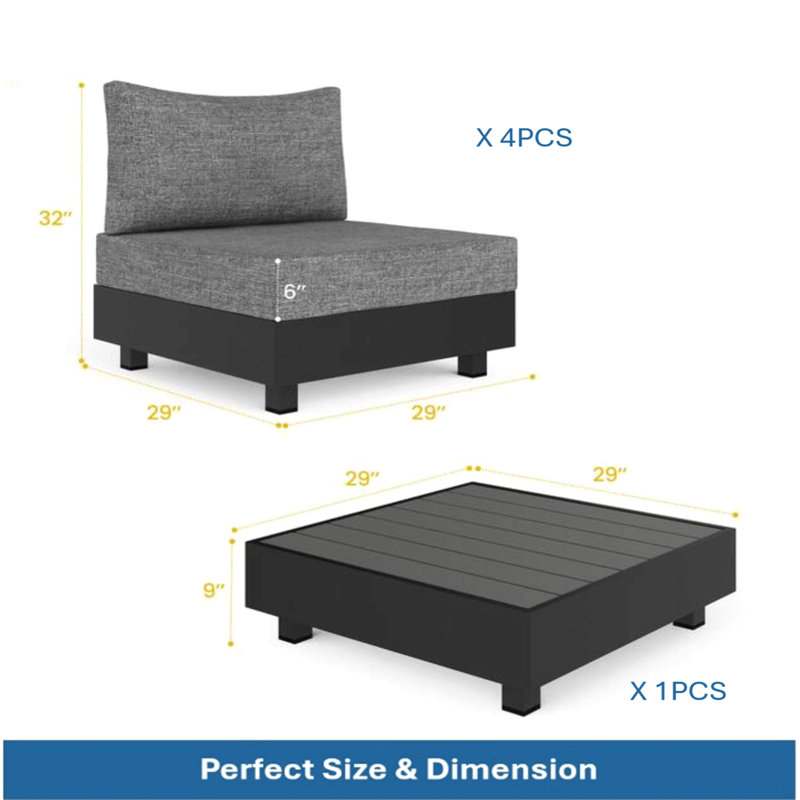 Ensemble modulaire de patio 5 pièces en aluminium gris avec chaises modulaires et table basse