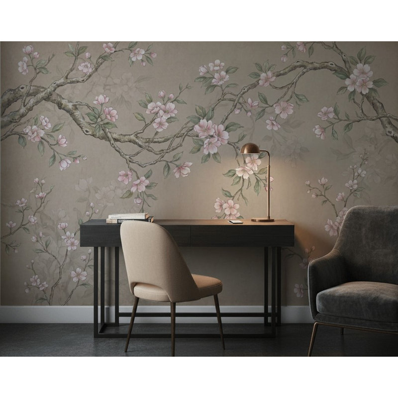Papier peint fleurs de cerisier, aquarelle et branches de sakura, 100 po x 96 po, Non tissé