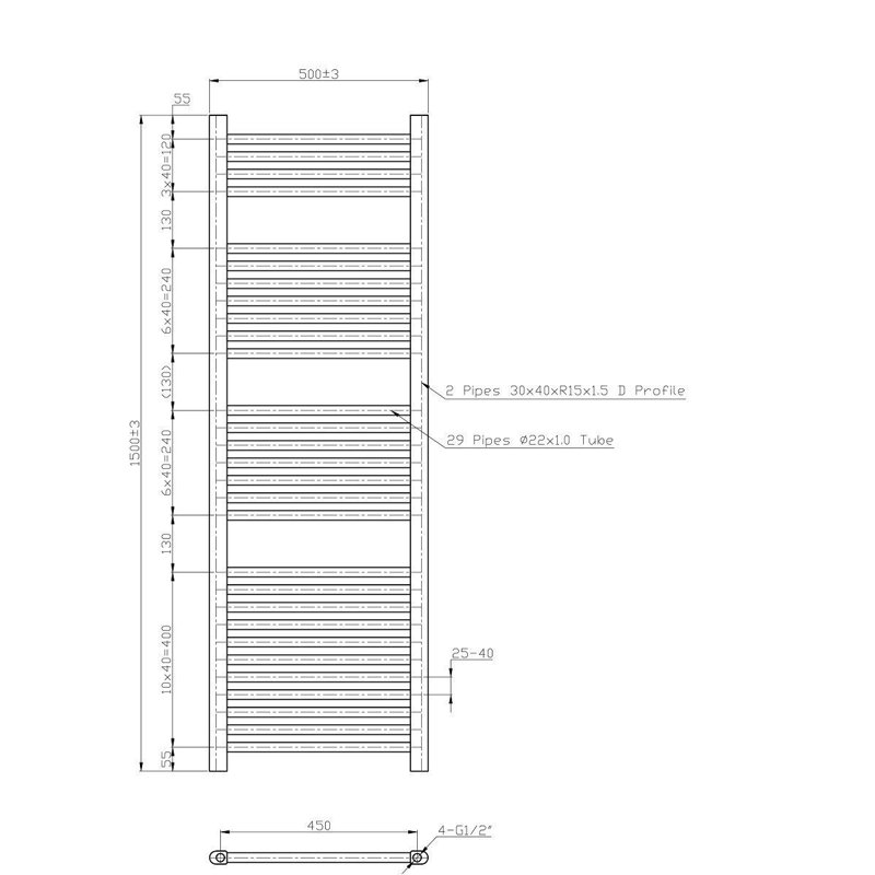 Straight Towel Rail Heated Towel Rails, White, 150 cm H x 50 cm W x 3 cm D