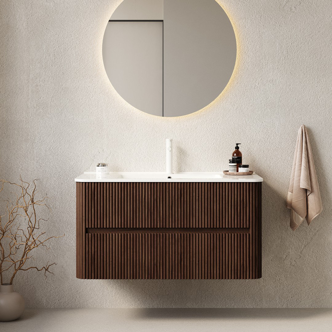 Karmyne 36'' Striped Nature Solid Wood Bathroom Vanity with Sink, Modern Wall-Mounted Floating Plywood Bathroom Cabinet, White Ceramic Basin, Pre-assembled, Natural Walnut Ebern Designs