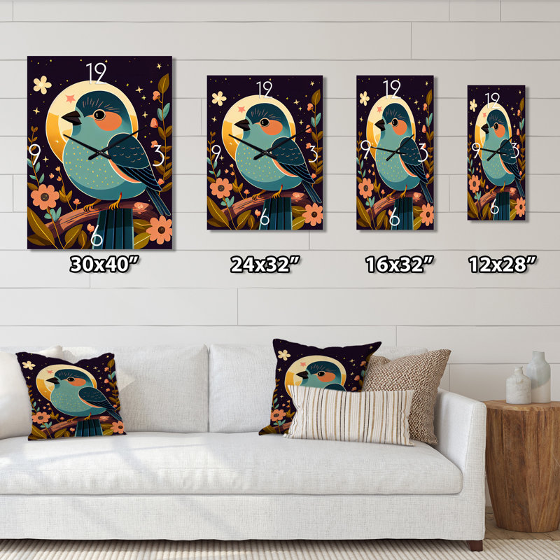 Horloge murale surdimensionnée mignonne avec un oiseau bleu assis sur une branche I, Grand