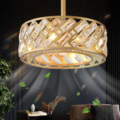 Crystal Caged Ceiling Fans With Light, 18" Bladeless Ceiling Fan With Remote Control, 6 Speed Enclosed Ceiling Fan With Reversible Motor For Bedroom Kitchen Living Room (Gold Gage)