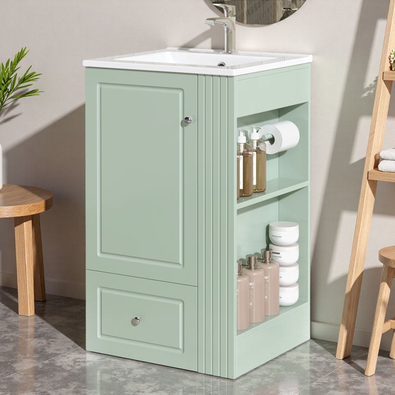 Meuble-lavabo autoportant avec lavabo en céramique, armoire de rangement, tiroir, tablettes latérales ouvertes et barre à serviettes