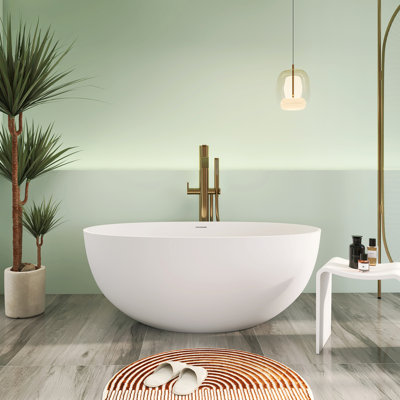 55'' Solid Surface Stone Bathtub, Freestanding Deep Soaking Tub with Overflow, Matte White