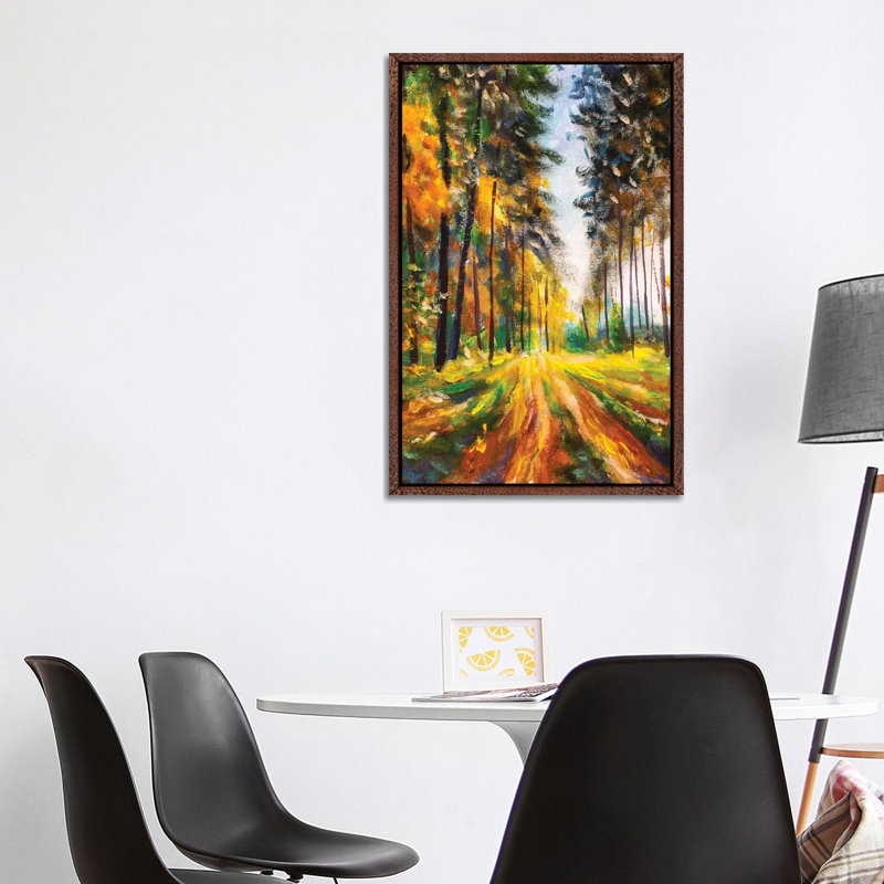 Autumn Spring Forest In Morning Sunlight by Valery Rybakow - Painting on Canvas, Brown Framed Canvas, 66.04 cm H x 45.72 cm W