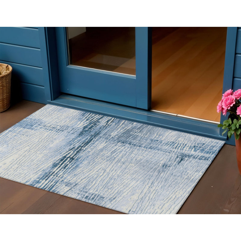3' X 5' Sky Blue And Ivory Striped Washable Indoor Outdoor Area Rug