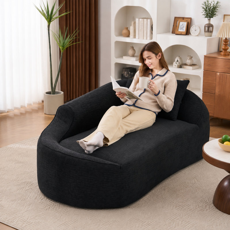 Fauteuil méridienne incurvé LY-048, canapé-lit deux places moderne en chenille avec assise profonde et coussin, noir