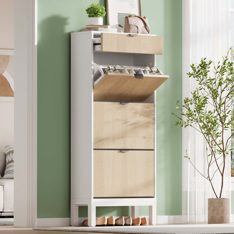 Shoe Storage Cabinet With 3 Flip Drawers & Large Drawer, Farmhouse Fluted Shoe Organizer With Metal Legs, White
