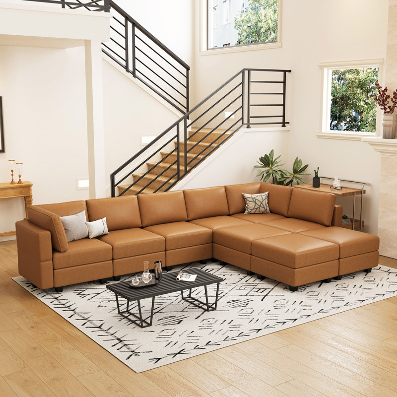 Canapé modulaire en velours réversible 9 pièces avec rangement Wylodene, Similicuir orange