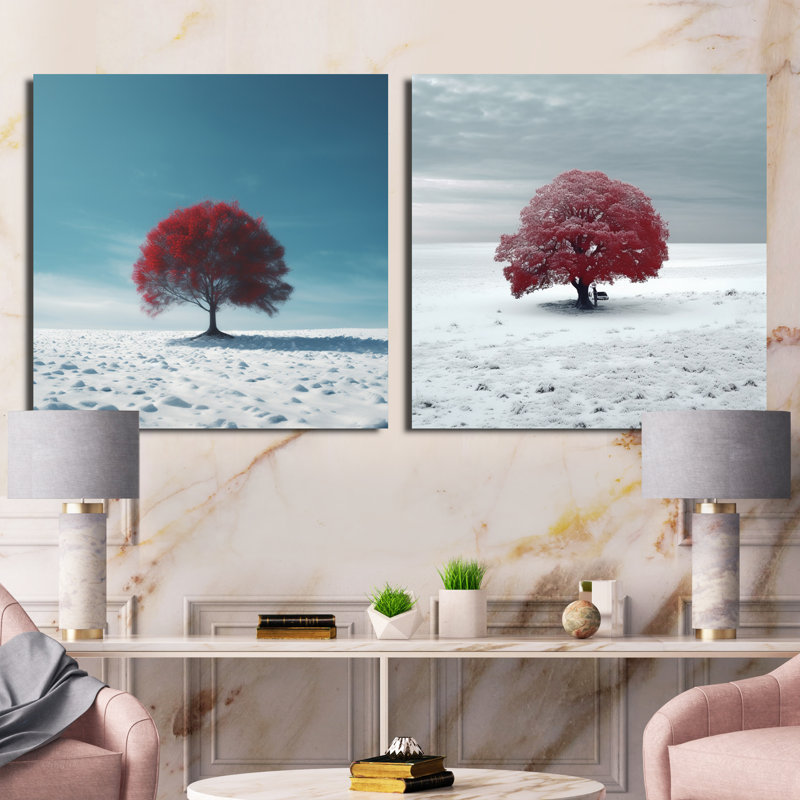 Arbre rouge dans la neige - ensemble de 2 collages carrés, Toile tendue, H 16 po x l 33 po