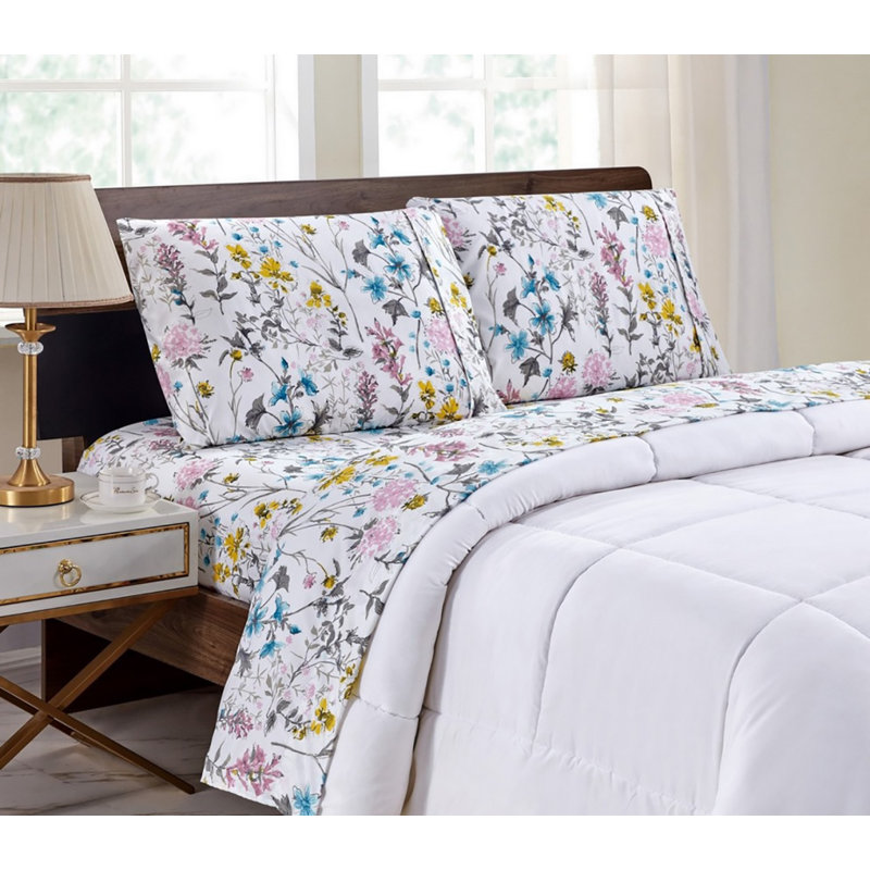 Egyptian Luxury 1800 Thread Count 4 pc Printed Sheet Sets, Elegantl, Floral, Queen Sheet Set + Fitted Sheet + 2 Pillowcases