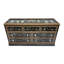 Commode oriental en laque noire avec sept tiroirs, plateau en verre et incrustations en nacre