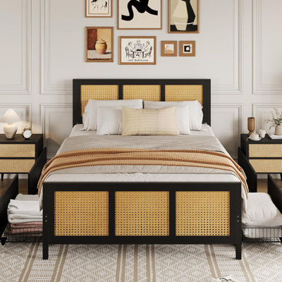 Structure de lit double en rotin avec tête de lit et 4 tiroirs, style rétro boho, noir
