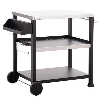 Chariot de barbecue extérieur Outsunny avec poignée latérale, 3 tablettes, plateau en acier inoxydable, support multifonctionnel pour four à pizza, table de préparation des aliments mobile sur roulettes, 81 x 52 cm, cuisine extérieure, noir