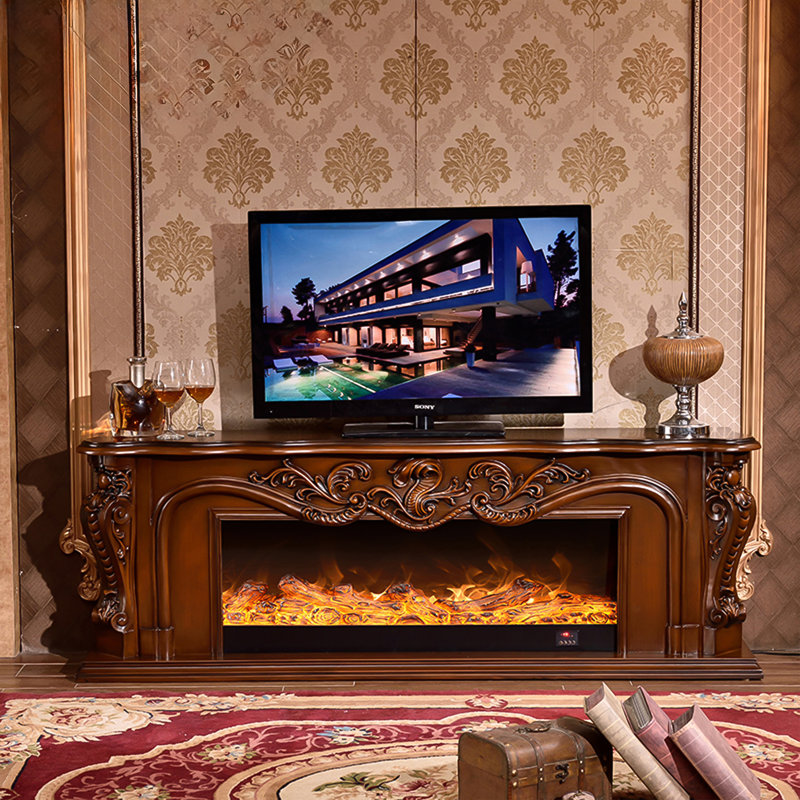 European Retro Light Luxury Oak Fireplace TV Stand, White/Dark Brown Available, Simulated Flame Electric Heating Decorative Floor Cabinet