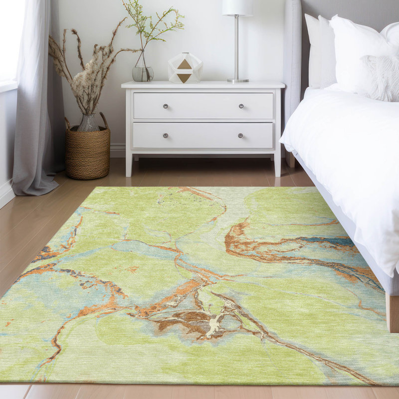 Aloe Green Abstract Washable Synthetic 3' x 5' Rug