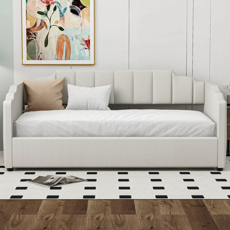 Lit de jour rembourré avec rangement inférieur, Beige, Lit simple
