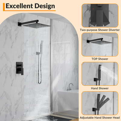Système de douche mural noir mat avec système de douche à pluie 10 "avec douchette à main et robinet mélangeur à pression équilibrée