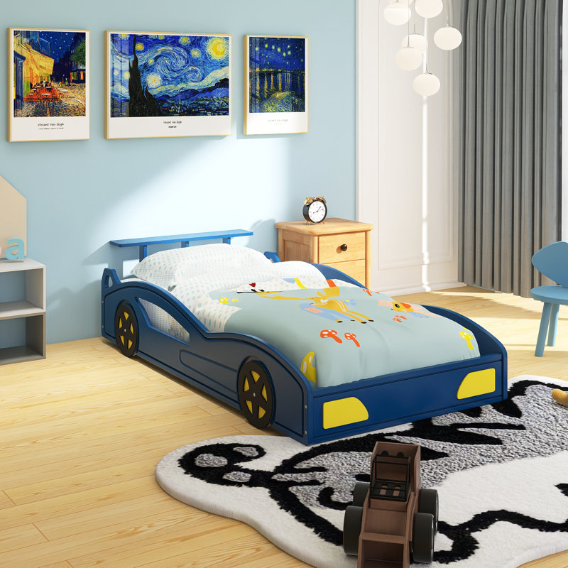 Lit plateforme en bois en forme de voiture avec roues pour adolescents