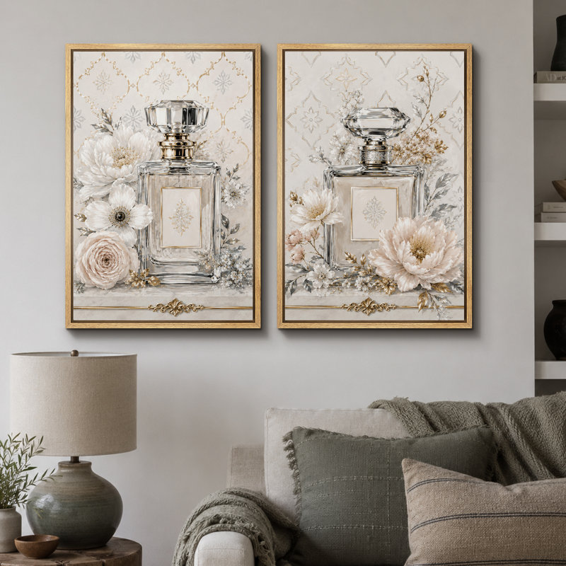Élégante œuvre florale de bouteille de parfum, images de chambre à coucher, impression sur toile encadrée, 2 pièces