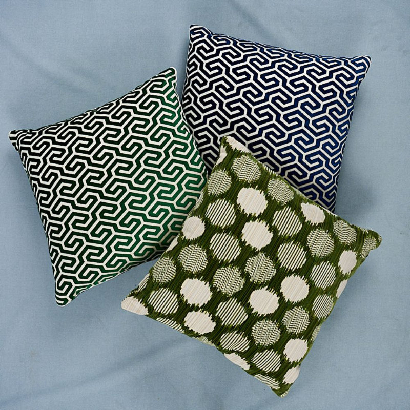 Ming Fret Velvet Pillow, 22" x 22", Emerald