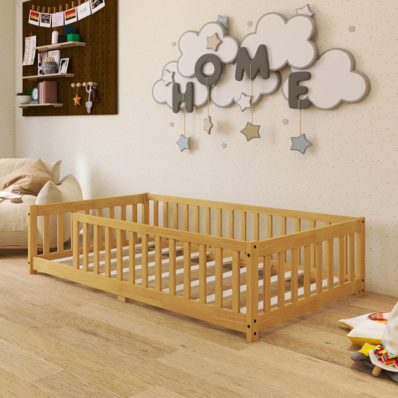 Wood Frame Twin Size Floor Bed With Fence Without Door, Natural