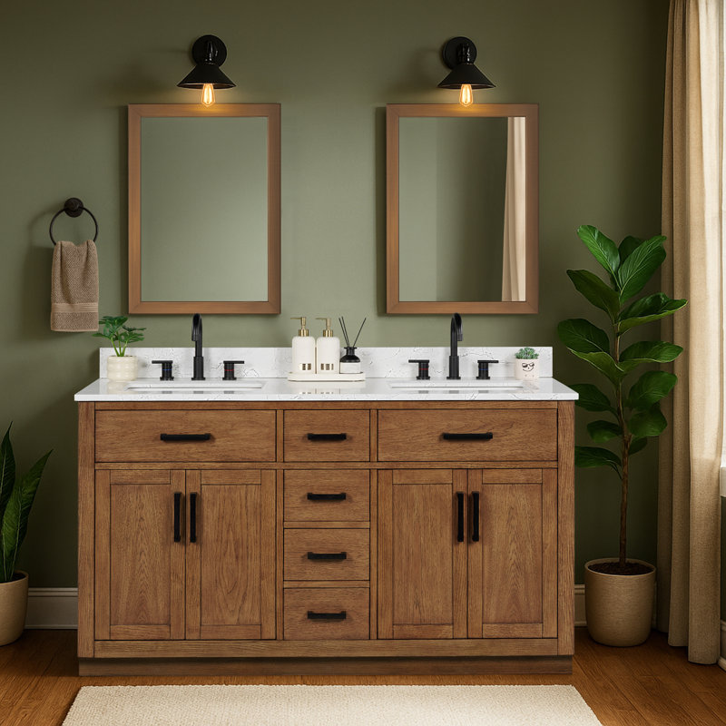 60'' Double Bathroom Vanity with Drawers, Shelf, Outlet, and Engineered Marble Top, 60'', Dark Brown Walnut