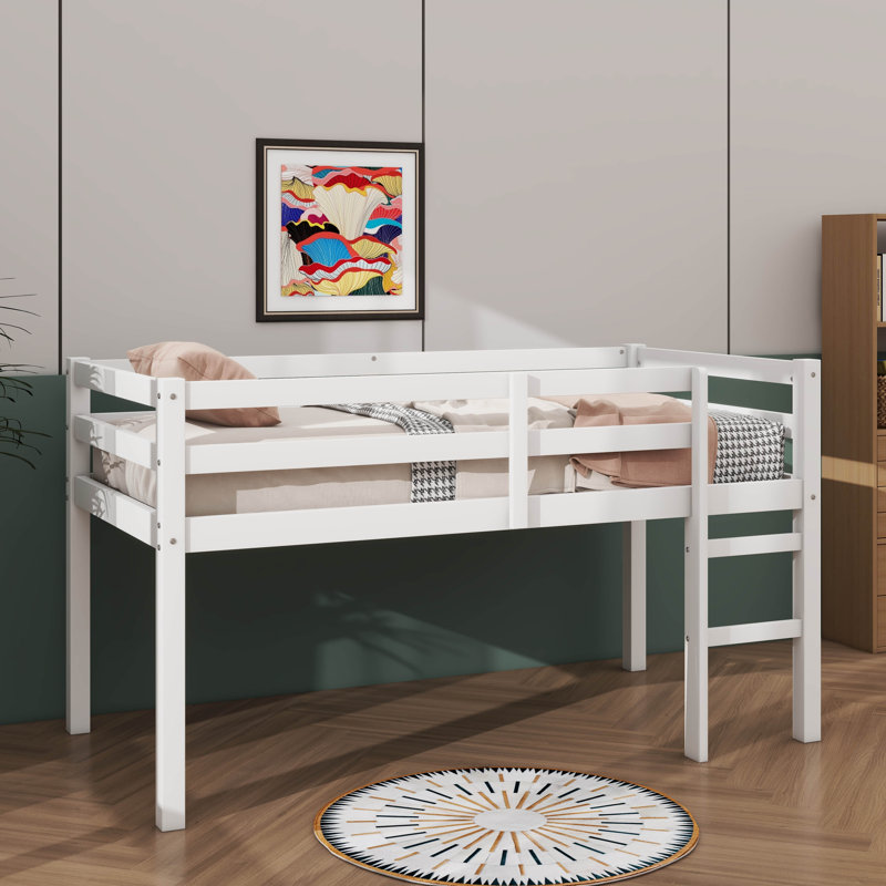 Twin Loft Bed With Guardrails And Ladder, White