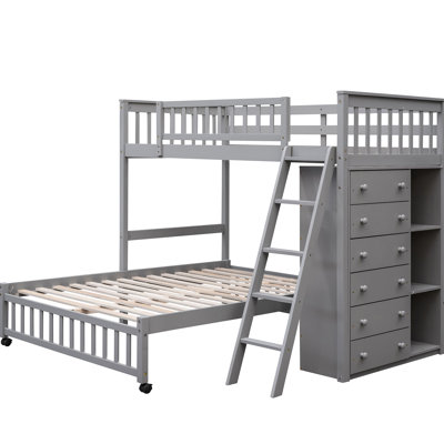 Twin Over Full Wooden Bunk In Grey With 6 Drawer Places And Movable Quality Bed Six Drawers Versatile Storage