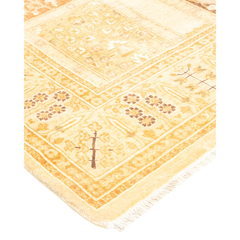 Ivory and Beige Hand-Knotted Wool Runner Rug with Floral Motif