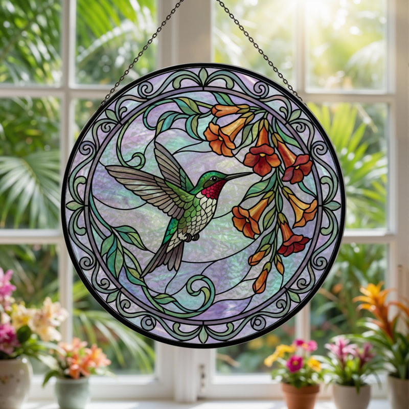 Panneau de vitrail à motif floral Colibri ， H 12 po, 12"H