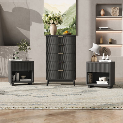 Ensemble de chambre à coucher 3 pièces, commode 5 tiroirs l 27,5 po et ensemble de 2 tables de chevet avec station de recharge