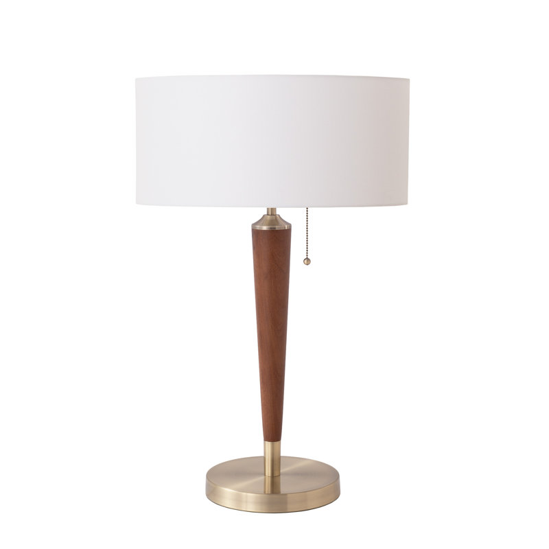 Lampe de table Pasadena, abat-jour à tambour en lin blanc, noyer foncé, laiton vieilli