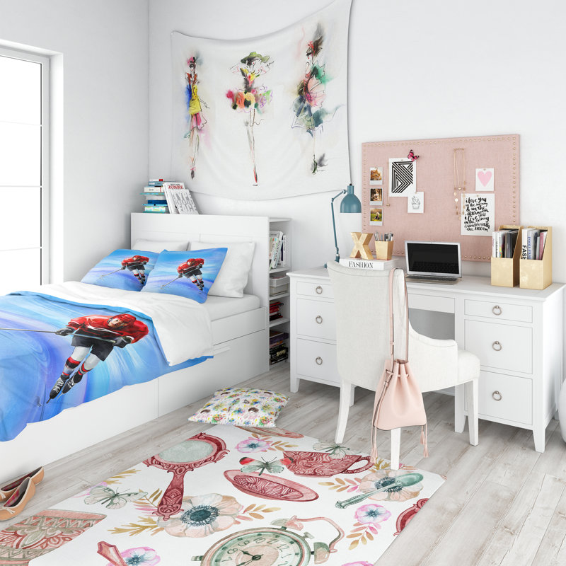 Twin Blue and Red Hockey Player Microfiber Duvet Cover Set