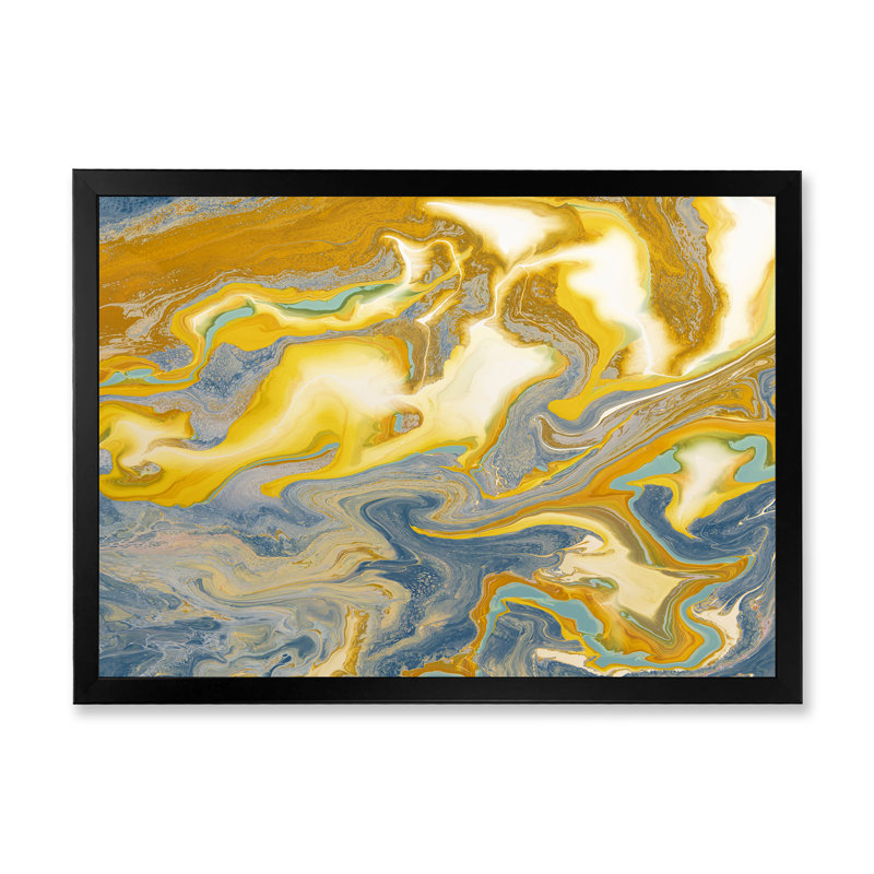 Jaune et bleu vagues de marbre I - peinture sur toile, H 16 po x l 32 po x P 1 po, Cadre d'angle fermé noir