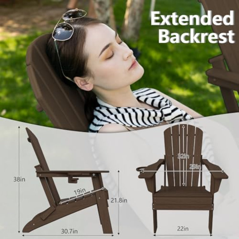 Folding Adirondack Chair Set Of 4, Cup Holder，Wooden Textured ，Heavy All-Weather HDPE Comfortable Set Poolside Backyard Lawn Coffee