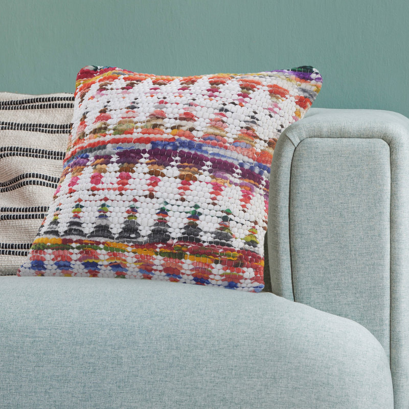 White and Multicolored Chevron Cotton Chindi Throw Pillow 20" x 20"