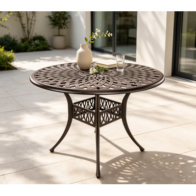 Table de salle à manger d'extérieur en fonte d'aluminium, table de patio avec trou pour parasol, table de couverture ronde pour cour, jardin, terrasse et porche