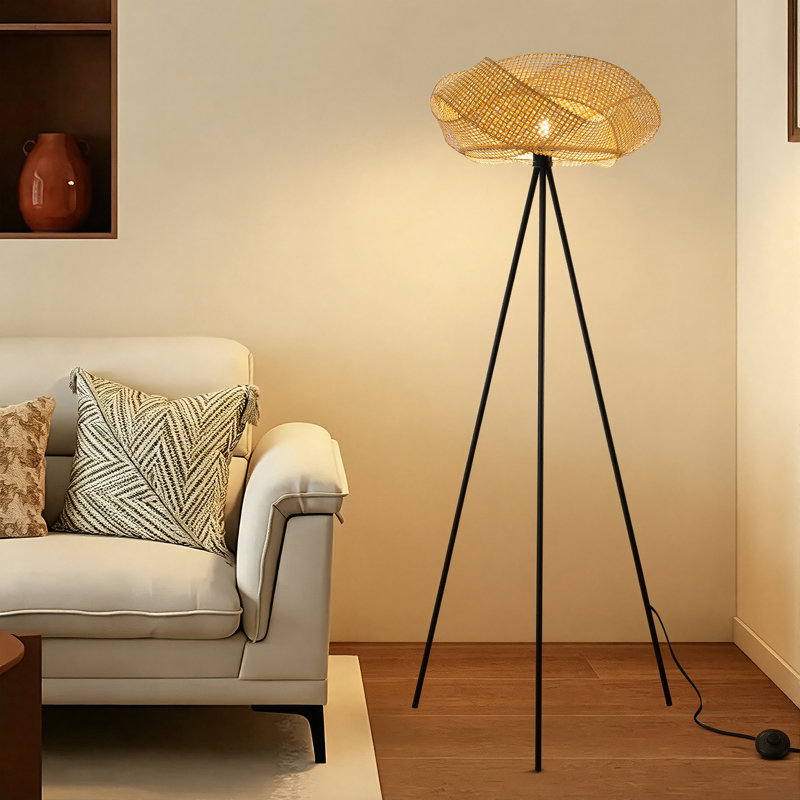 Lampe sur pied rustique avec base trépied et interrupteur au pied noir, Naturel