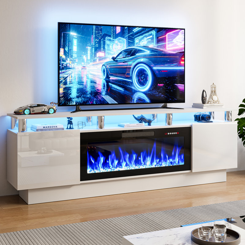 Meuble télé avec foyer électrique Alazik, Blanc / argenté, Noir, 24”H x 14”L x 70”W